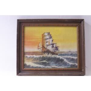 Sailing Ship on top of a Wave, Embroidery Painting, Framed, Fiber Art, Sea,